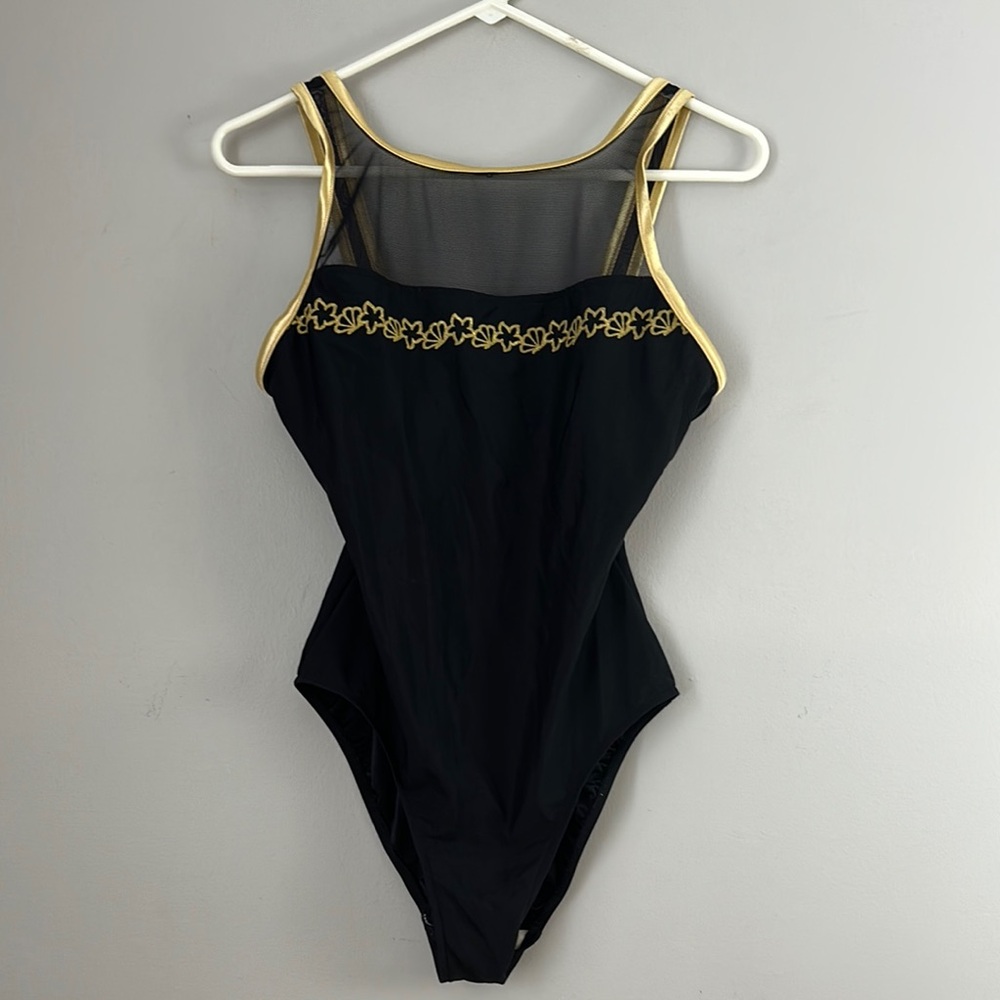 80’s Black and Gold Women's Swimsuit L